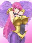  1girl arms_behind_head bangs bare_shoulders bird_tail breasts choker cleavage commentary_request covered_navel duel_monster feathered_wings feathers harpie_lady harpy highres lactone large_breasts long_hair monster_girl open_mouth pointy_ears purple_tail purple_wings solo spiked_choker spikes tail very_long_hair winged_arms wings yu-gi-oh! 