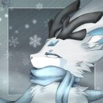  ambiguous_gender antlers big_ears blue_inner_ear canid canine compression_artifacts digital_media_(artwork) empty_eyes feral fur horn inner_ear_fluff mammal rice_inari scarf signature simple_background snowflake solo tuft white_body white_fur white_inner_ear_fluff 