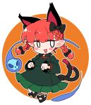  1girl animal_ears black_bow black_footwear blush bow cat_ears cat_tail dress extra_ears frilled_dress frills full_body green_dress ini_(inunabe00) kaenbyou_rin long_hair long_sleeves multiple_tails open_mouth red_hair shoes smile solo tail touhou twintails two_tails 