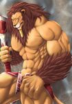  2023 5_fingers abs anhur anthro biped bottomwear brown_body brown_fur brown_mane chibikoma clothing digital_drawing_(artwork) digital_media_(artwork) egyptian felid fingers fur hi_res lion male mammal mane melee_weapon muscular muscular_anthro muscular_male nipples pantherine pecs polearm portrait sharp_teeth smite solo spear tan_body tan_fur teeth three-quarter_portrait weapon yellow_eyes 