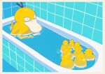  bath bathtub bird black_eyes border commentary duck highres no_humans partially_submerged pokemon pokemon_(creature) psyduck ripples rubber_duck saiku_(zvlku) tile_wall tiles water white_border 