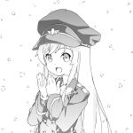  1girl :d collared_shirt commentary_request girls&#039;_frontline gloves hat long_hair military military_hat military_uniform monochrome necktie open_mouth peaked_cap second-party_source shirt smile snowing solo stg44_(girls&#039;_frontline) ueki_yuma uniform upper_body white_gloves 