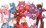  6+girls arcee artist_name azuredawn40 breasts chromia clenched_hands dated elita_one energy_axe energy_sword energy_wings english_commentary head_tilt highres holding holding_sword holding_weapon medium_breasts multiple_girls nautica_(transformers) orange_eyes parted_lips pointing pointing_at_self red_lips smile sword the_transformers_(idw) transformers transformers:_earthspark twitch_(transformers) weapon white_background windblade 
