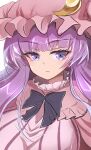  1girl bangs blunt_bangs blush breasts crescent crescent_hair_ornament crescent_hat_ornament crescent_pin dress eyelashes hair_ornament hat hat_ornament highres long_hair long_sleeves looking_at_viewer mob_cap namiki_(remiter00) parted_lips patchouli_knowledge purple_dress purple_eyes purple_hair purple_headwear sidelocks solo striped striped_dress touhou vertical-striped_dress vertical_stripes 