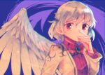  1girl bangs brown_jacket closed_mouth collared_dress dress feathered_wings grey_hair hair_between_eyes itomugi-kun jacket kishin_sagume long_sleeves looking_at_viewer open_clothes open_jacket purple_dress red_eyes short_hair single_wing solo touhou upper_body white_wings wings 