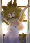  1girl ahoge animal_ear_fluff animal_ears arm_behind_head armpits arms_up bangs big_hair blonde_hair breasts closed_eyes commentary curtains facing_viewer fur_collar hair_between_eyes highres indoors kemono_friends large_breasts lion_(kemono_friends) lion_ears lion_girl lion_tail long_hair masuyama_ryou navel nightgown open_mouth sagging_breasts see-through solo stretching tail tears waking_up window yawning 
