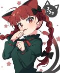  1girl absurdres animal_ears blush braid cat_day cat_ears cat_tail dated dress extra_ears fang fingernails green_dress highres kaenbyou_rin long_hair long_sleeves miz_(mizillustration) multiple_tails red_eyes red_hair smile solo starry_background tail tongue tongue_out touhou twin_braids two_tails upper_body white_background 