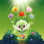  :d commentary darkvoiddoble fangs flower green_background looking_down no_humans open_mouth pokemon pokemon_(creature) purple_eyes red_flower smile solo sparkle sprigatito sunflower tongue 