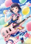  1girl :d balloon bang_dream! black_hair blue_bow blue_dress blue_footwear blue_sky bow brown_eyes cloud cloudy_sky commentary_request day dress earrings electric_guitar fingerless_gloves frilled_dress frills gloves guitar hair_ribbon hairband hand_up highres holding holding_instrument instrument jewelry looking_at_viewer open_clothes open_vest outdoors red_hairband red_ribbon ribbon sakura_hiyori shoes short_hair sky sleeveless sleeveless_dress smile solo star_(symbol) star_earrings striped striped_thighhighs thighhighs ushigome_rimi vest white_gloves white_vest 