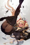  1girl bangs black_cape black_dress black_gloves black_thighhighs blonde_hair breasts cape dark-skinned_female dark_skin dress earrings ereshkigal_(fate) ereshkigal_alter_(fate) fate/grand_order fate_(series) fur-trimmed_cape fur_trim gloves hair_ribbon highres hoop_earrings jewelry lack long_hair long_sleeves looking_at_viewer medium_breasts parted_bangs red_eyes ribbon smile solo thighhighs thighs tiara two_side_up 