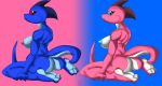  2015 3_toes alternate_color anthro areola blue_areola blue_background blue_body blue_eyes blue_nipples blue_scales blue_skin breasts butt duo feet female gradient_background herm_(lore) hi_res intersex_(lore) june_(justathereptile) justathereptile komodo_dragon lizard looking_at_viewer monitor_lizard nipples non-mammal_breasts nude pink_areola pink_background pink_nipples rear_view red_eyes reptile scales scalie scutes simple_background sitting tail toes watermark 