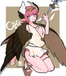  1girl breasts character_name circe_(fate) dress fate/grand_order fate_(series) feathered_wings green_eyes hacco_mayu head_wings highres holding holding_staff jewelry looking_at_viewer multicolored_eyes necklace pink_eyes pink_hair pointy_ears short_hair small_breasts solo staff thick_thighs thighs tiara twitter_username wings 