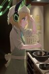 1girl absurdres animal_ear_headphones animal_ears apron backlighting bangs blonde_hair blue_archive calendar_(object) cat_ear_headphones chocolate_making collared_shirt commentary_request fake_animal_ears from_side frying_pan glowing green_eyes hair_between_eyes halo headphones headpiece highres indoors kitchen looking_away midori_(blue_archive) neck patanda school_uniform shirt short_hair short_sleeves sidelocks solo sticky_note valentine 