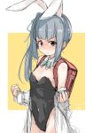  1girl absurdres alternate_costume animal_ears backpack bag black_leotard blue_bow blue_bowtie bow bowtie breasts brown_eyes cowboy_shot detached_collar dress_shirt fyuo grey_hair highres kantai_collection kasumi_(kancolle) leotard long_hair looking_at_viewer one-hour_drawing_challenge open_clothes open_shirt playboy_bunny rabbit_ears randoseru shirt side_ponytail small_breasts solo strapless strapless_leotard two-tone_background yellow_background 