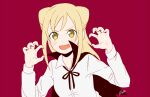  1girl black_cape blonde_hair blush cape claw_pose demi-chan_wa_kataritai fangs fingernails kurisususus long_hair long_sleeves open_mouth pink_background shirt solo takanashi_hikari vampire white_shirt yellow_eyes 