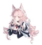  1girl animal_ear_fluff animal_ears arknights black_dress blush breath capelet cropped_torso dress earmuffs fingernails hair_between_eyes highres long_hair long_sleeves looking_at_viewer nail_polish official_alternate_costume own_hands_together parted_lips pink_eyes pink_hair pink_nails pozyomka_(arknights) pozyomka_(snowy_plains_in_words)_(arknights) shieryue164 simple_background solo steepled_fingers upper_body very_long_hair white_background white_capelet wolf_ears wolf_girl 