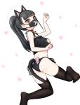  1girl animal_ears bell black_bra black_eyes black_hair black_mask black_panties black_thighhighs blue_archive bow bra cat_cutout cat_ears cat_lingerie choker chuo8008 cleavage_cutout clothing_cutout delinquent fake_animal_ears fake_tail from_behind full_body grey_eyes high_ponytail highres kneeling lingerie mask meme_attire mouth_mask neck_bell panties paw_pose side-tie_panties sukeban sukeban_(smg)_(blue_archive) surgical_mask tail tail_bow tail_ornament thighhighs underwear 