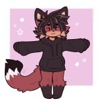  2023 :3 anthro black_hair bottomless canid canine chibi clothed clothing fleurfurr fox hair hi_res hoodie hoodie_only leg_markings male mammal markings simple_background socks_(marking) solo standing t-pose topwear topwear_only 