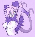  anthro areola breasts chest_tuft dorukolorukalai female firekitty fur hair mammal mora nipples nude open_mouth pink_hair purple_background purple_body purple_fur simple_background solo tentacles tongue tongue_out tuft yellow_sclera 