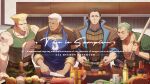  4boys apron bara blonde_hair camouflage camouflage_pants character_request chopping cooking copyright_request crossover dedue_molinaro earrings feet_out_of_frame fire_emblem fire_emblem:_three_houses food food_request garreg_mach_monastery_uniform green_hair green_tank_top grilling guile holding holding_knife holding_sword holding_weapon indoors jewelry kitchen knife large_pectorals male_focus meat multiple_boys multiple_crossover muscular muscular_male one_piece onion pants pectoral_cleavage pectorals roronoa_zoro scar scar_across_eye short_hair standing street_fighter sword tank_top weapon yuiofire 