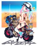  1girl ass backpack bag bikini black_bikini blue_bag blue_hair blue_sky blush commentary_request desert flat_chest full_body gloves goggles goggles_on_head ground_vehicle highres long_hair looking_at_viewer looking_back micro_bikini motor_vehicle motorcycle mudou_eichi multicolored_hair on_motorcycle open_mouth original pink_eyes pink_hair randoseru shoes side-tie_bikini_bottom sky sneakers solo striped striped_bikini swimsuit tag thighhighs twintails two-tone_hair white_thighhighs 