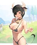  1girl alternate_costume animal_ears animal_print bell bikini black_choker black_hair breasts chainsaw_man choker cleavage commentary_request cow cow_ears cow_horns cow_print cow_tail cowbell day eating eko000ohce eyepatch facing_viewer fake_animal_ears fake_horns fake_tail farm fence food_on_body food_on_breasts grass green_eyes halterneck hands_up highres himeno_(chainsaw_man) holding_ice_cream horns house large_breasts looking_down micro_bikini one_eye_covered open_mouth outdoors short_hair solo swimsuit tail tree 
