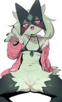  anthro blush clothed clothing felid female generation_9_pokemon green_body looking_at_viewer mammal meowscarada nintendo otokoter pokemon pokemon_(species) red_eyes solo 