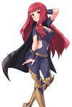  1girl bangs black_cape bodysuit breasts cape cleavage facial_mark fire_emblem fire_emblem_engage hair_ornament highres long_hair looking_at_viewer red_eyes red_hair revvie side_cutout simple_background smile solo star_(symbol) star_facial_mark star_hair_ornament yunaka_(fire_emblem) 