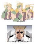  2boys absurdres alternate_costume bara blonde_hair character_request cropped_torso english_text expressions glasses guile highres large_pectorals male_focus multiple_boys muscular muscular_male pectoral_cleavage pectorals police police_uniform policeman short_hair stitches street_fighter sunglasses sweatdrop uniform yaoi yuiofire 