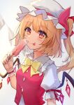  1girl :p absurdres bangs blonde_hair breasts crystal diving_penguin flandre_scarlet food grey_background hat highres holding holding_food looking_at_viewer medium_breasts mob_cap one_side_up popsicle red_eyes red_vest short_sleeves sidelighting solo tongue tongue_out touhou upper_body vest white_headwear wings wrist_cuffs 