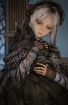  1693193543 1girl blood blood_on_teeth bloodborne blue_eyes bonnet expressionless fangs fangs_out grey_eyes grey_hair highres hug hunter_(bloodborne) lips looking_at_another monster night plain_doll puppet tagme teeth torn torn_clothes 