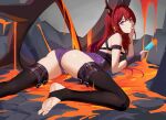  1girl arknights arm_strap ass bare_shoulders black_thighhighs breasts cameltoe finger_to_mouth food from_behind highres holding holding_food horns konghao leotard long_hair looking_at_viewer looking_back lying medium_breasts molten_rock on_stomach popsicle purple_eyes purple_leotard red_hair soles solo spread_legs surtr_(arknights) thighhighs toes very_long_hair 