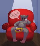  anthro beckoning chair clothing covering covering_crotch d-rat fur furniture gesture gloves green_cat_21 grey_body grey_fur hand_on_head handwear hat headgear headwear hi_res male mammal murid murine on_chair rat red_chair rodent sitting sitting_on_chair slightly_chubby smug solo speech_bubble text white_clothing white_gloves white_handwear yellow_clothing yellow_hat yellow_headwear 