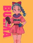  1girl belt blue_eyes blue_hair blush bow braid braided_ponytail breasts bulma character_name dragon_ball dragon_ball_(classic) dragon_radar dress expressionless fanny_pack gloves hair_bow hand_on_hip hand_up highres holding legs_together long_hair looking_to_the_side menma_(enaic31) nose_blush orange_background petite pink_dress purple_scarf red_bow scarf short_sleeves simple_background small_breasts solo twitter_username 