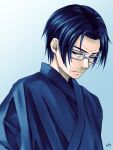  1boy black_eyes blue_background blue_hair character_request commentary_request frown glasses hakama japanese_clothes lo_lis male_focus signature solo tokyo_ravens wrinkled_skin 