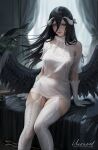 1girl albedo_(overlord) aran_legwear aran_sweater artist_name backlighting bare_shoulders black_hair black_wings blanket breasts brown_eyes cable_knit closed_mouth curtains elbow_gloves feathered_wings feet_out_of_frame garter_straps gloves hair_between_eyes horns indoors large_breasts lips long_hair looking_at_viewer low_wings no_pants off_shoulder on_bed overlord_(maruyama) panties pantyshot plant potted_plant shirt short_sleeves sitting solo sweater sweater_under_shirt thighhighs turtleneck turtleneck_sweater underwear unravel_page very_long_hair white_gloves white_panties white_shirt white_sweater white_thighhighs wings 