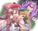  1boy 2girls absurdres angry ares_(rune_factory) armor blonde_hair cheek-to-cheek closed_eyes dirt_road dress embarrassed false_smile fence flower flying_sweatdrops gloves grass hair_flower hair_ornament hand_on_another&#039;s_cheek hand_on_another&#039;s_face hat heads_together highres hug ludmila_(rune_factory) multiple_girls pink_hair priscilla_(rune_factory) road rune_factory rune_factory_5 shoulder_armor sleeve_cuffs smile terumasa_(amanoy) witch_hat wooden_fence 