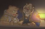  anthro bear book brown_body brown_fur clothing crave_saga duo eyewear felid fur gabu_(crave_saga) garouzuki glasses green_eyes hi_res lamp male mammal pantherine priest reading remaias robe slightly_chubby striped_body striped_fur stripes tattoo tiger 