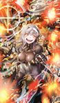  1girl armor bandaged_head bandages bodystocking breasts cleavage commentary_request crazy_smile crosshair goddess_of_victory:_nikke grey_hair hair_ornament hair_ribbon highres kanchiyo large_breasts long_hair looking_at_viewer modernia_(nikke) open_mouth orange_hair ribbon solo teeth 