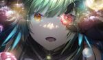  1girl bangs black_gloves close-up collar gloves green_hair hand_up highres holding jewelry kitakoji_hisui long_hair looking_at_viewer lower_teeth_only nijisanji one_eye_covered open_mouth pendant sharp_teeth solo sourenkio teeth tongue virtual_youtuber yellow_eyes 