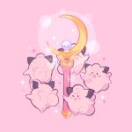  :d artist_name blush_stickers clefairy commentary fang highres leaphere no_humans one_eye_closed open_mouth pink_background pokemon pokemon_(creature) smile sparkle star_(symbol) wand 
