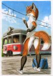  2023 anthro butt canid canine clothed clothing cloud en57 female footwear fox hi_res looking_at_viewer mammal outside pafawag plantigrade platform poland shoes solo syntech traditional_media_(artwork) train travel_bag upskirt vehicle 