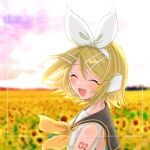  1girl ^_^ bare_shoulders blonde_hair blurry blurry_background blush bow closed_eyes depth_of_field field flower flower_field hair_bow hair_ornament hairclip headset highres kagamine_rin neckerchief nnc225 number_tattoo pink_sky sailor_collar shirt short_hair shoulder_tattoo sleeveless sleeveless_shirt smile solo sunflower tattoo vocaloid white_bow white_shirt yellow_neckerchief 