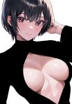 1girl absurdres arm_up black_hair black_sweater blush breasts cleavage cleavage_cutout clothing_cutout highres large_breasts long_sleeves looking_at_viewer no_bra original parted_lips red_eyes short_hair simple_background smile solo sooon sweater twitter_username upper_body white_background 