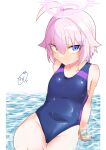  1girl absurdres ahoge blue_archive blue_eyes blue_one-piece_swimsuit breasts commentary_request cowboy_shot halo heterochromia highres hoshino_(blue_archive) looking_at_viewer myon2 one-piece_swimsuit pink_hair short_hair signature sitting small_breasts solo swimsuit water wet wet_clothes wet_swimsuit yellow_eyes 