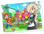  2girls basket black_dress blonde_hair blue_eyes blue_sky boots border brown_hair daisy_(farmer) dress dutch_clothes earrings european_architecture european_clothes farm fence flower flower_earrings gloves grin hat highres jewelry long_hair mario_(series) mario_kart mario_kart_tour mariokarttouren multiple_girls nintendo official_alternate_costume official_art outdoors overalls princess_daisy ribbon rosalina rosalina_(volendam) sky smile tulip water white_border windmill wooden_fence 