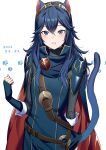  1girl 2023 ameno_(a_meno0) animal_ears armor bangs belt black_sweater blue_cape blue_eyes blue_gloves blue_hair blush brown_belt cape cat_day cat_ears cat_tail commentary dated fingerless_gloves fire_emblem fire_emblem_awakening gloves hair_between_eyes highres kemonomimi_mode long_hair long_sleeves looking_at_viewer lucina_(fire_emblem) paw_print red_cape ribbed_sweater shoulder_armor simple_background solo sweatdrop sweater tail tiara turtleneck turtleneck_sweater two-tone_cape white_background 