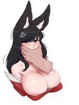  1girl ahri_(league_of_legends) animal_ears bangs bare_shoulders black_hair blush breasts cheek_press cheek_squash collarbone embarrassed face_grab facial_mark fox_ears fox_girl hand_on_another&#039;s_cheek hand_on_another&#039;s_face highres kitsune kumiho large_breasts league_of_legends long_hair looking_at_viewer simple_background whisker_markings yabby 