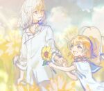  1boy 1girl accelerator_(toaru_majutsu_no_index) ahoge albino ambiguous_gender bangs black_choker blue_sailor_collar blue_sky blurry blurry_background blush brown_eyes brown_hair cane choker cloud collared_shirt dappled_sunlight dress electrodes female_child field flower flower_field grey_pants hair_between_eyes hat highres holding holding_cane holding_crutch holding_flower holding_hands last_order_(toaru_majutsu_no_index) looking_at_another medium_hair open_mouth painting_(medium) pants parted_lips red_eyes sailor_collar sailor_dress shirt short_hair signature sketch sky smile standing straw_hat sunflower sunlight tautiki toaru_majutsu_no_index traditional_media upper_body watercolor_(medium) white_hair white_shirt wide_shot 