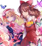  2girls absurdres alice_margatroid animal ascot bangs bare_shoulders blonde_hair blue_dress blue_eyes bow brown_hair bug butterfly capelet commission detached_sleeves dress flower hair_bow hair_tubes hairband hakurei_reimu highres japanese_clothes kazu_(muchuukai) lolita_hairband long_hair multiple_girls nontraditional_miko pink_flower red_bow red_eyes red_hairband shanghai_doll short_hair sidelocks skeb_commission touhou white_capelet white_sleeves wide_sleeves yellow_ascot 